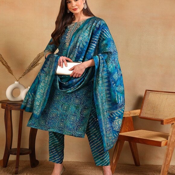 Shivansh Creations Women’s Teal Blue Printed Silk Blend Kurta Set– Ethnic Dress - Picture 10 of 10